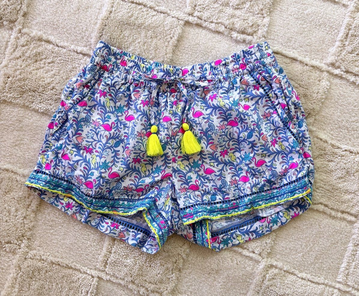 Vineyard Vines Flamingo Print Linen Pull-On Shorts Womens Xs Tassel Embroidered